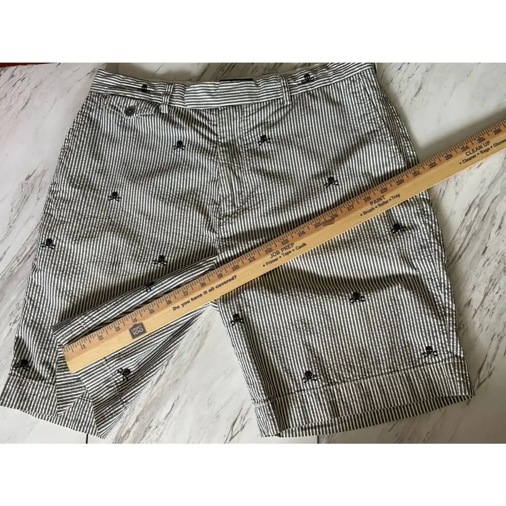 Ralph Lauren Rugby Y2K Skull‑Embroidered Grey Seersucker Shorts 9” — Men’s Sz 34